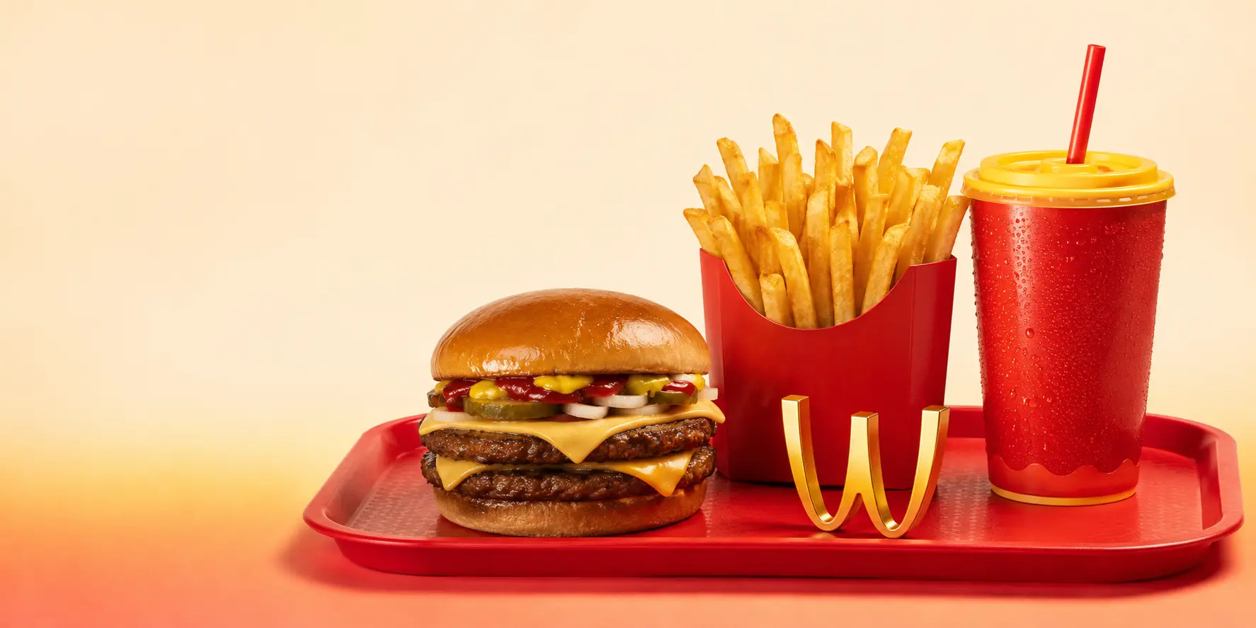 TitDonald's meal with burger, fries, drink and a golden W